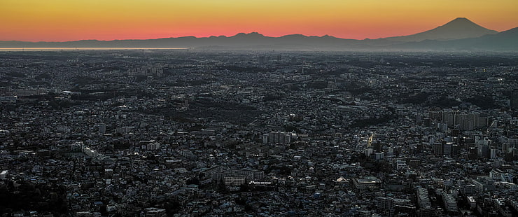 фотография города, города, Японии, Токио, горы Фудзи, городской пейзаж, восход, HD обои HD wallpaper