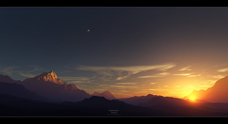 landscape mountain screenshot, mountains, nature, stars, clouds, sunset, Sun, landscape, sunlight, space, HD wallpaper