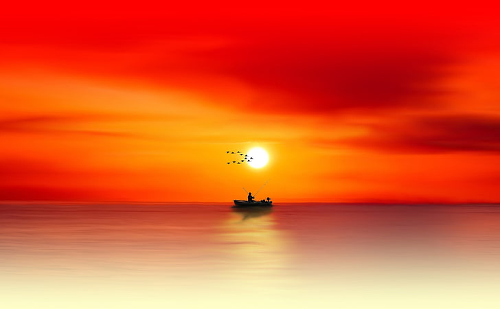 Fishing, Sunset, Painting, Artistic, Drawings, Ocean, Orange, Sunset, Lake, Fishing, Boat, Painting, Waterscape, HD wallpaper