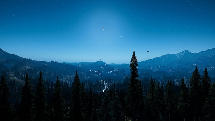 FarCry 5, landscape, sunset, wilderness, Moon, night, stars, games art, HD wallpaper