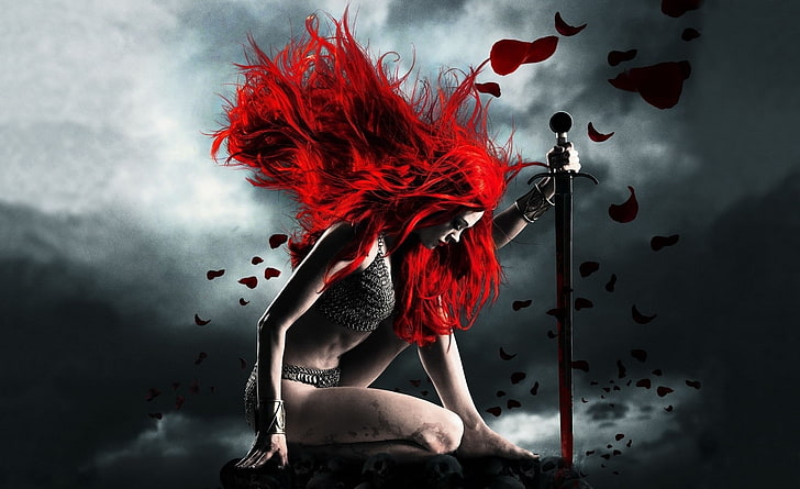 Sexy Warrior, wanita berambut merah memegang wallpaper pedang, Aero, Creative, Sexy, warrior, Wallpaper HD
