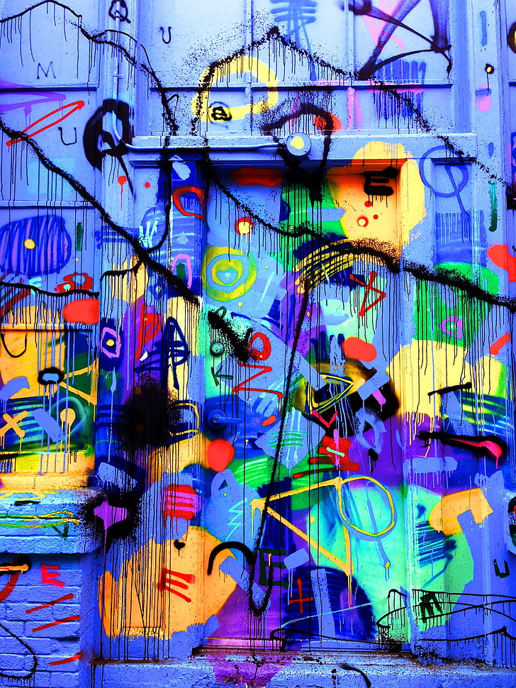 multicolored wall art, door, graffiti, bright, colorful, HD wallpaper