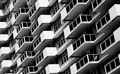 Architecture de Miami, bâtiment peint en blanc, noir et blanc, architecture, Floride, États-Unis, monochrome, Miami, États-Unis d'Amérique, Miami Beach, Fond d'écran HD HD wallpaper