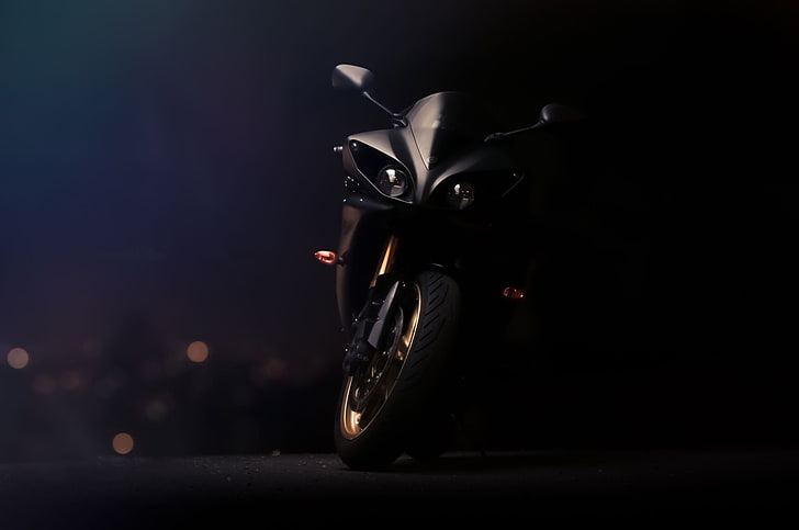 черный спортивный мотоцикл, черный, фары, мотоцикл, суперспорт, вид спереди, байк, Yamaha, yzf-r1, HD обои