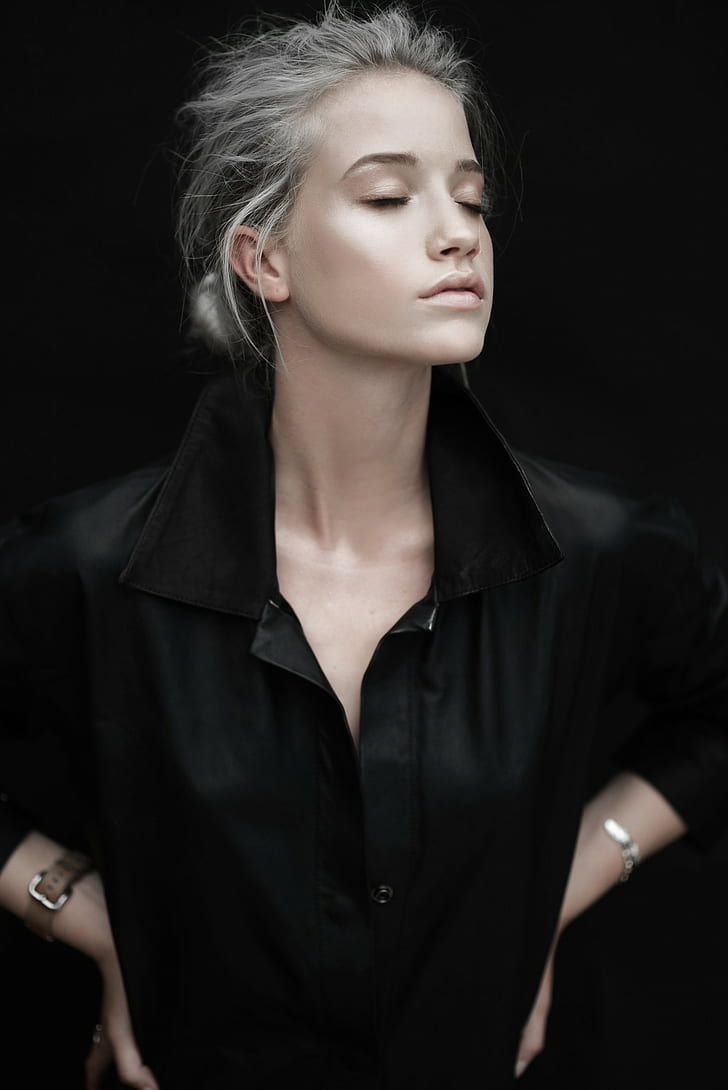 women, Hannah Waites, model, black tops, airbrushed, platinum blonde, HD wallpaper
