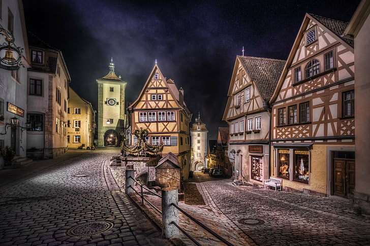 Villes, Rothenburg, Europe, Allemagne, Nuit, Route, Sky, Étoiles, Tour de l'horloge, Ville, Fond d'écran HD