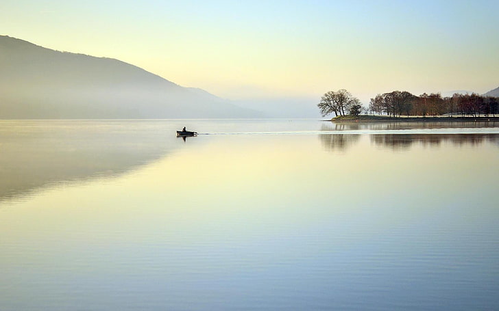 bateau, lac, brouillard, nature, paysage, Fond d'écran HD
