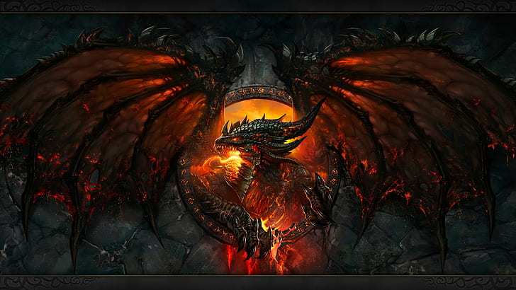 Blizzard Entertainment, Garras, asa da morte, dragão, Asas do dragão, rosto, fantasia Arte, fogo, dentes, videogames, asas, world of warcraft, World Of Warcraft: Cataclysm, HD papel de parede