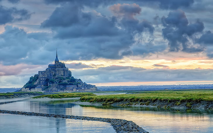 منظر طبيعي ، فرنسا ، جزيرة ، نورماندي ، مونت سان ميشيل ، مونت سانت ميشيل ، الفجر، خلفية HD