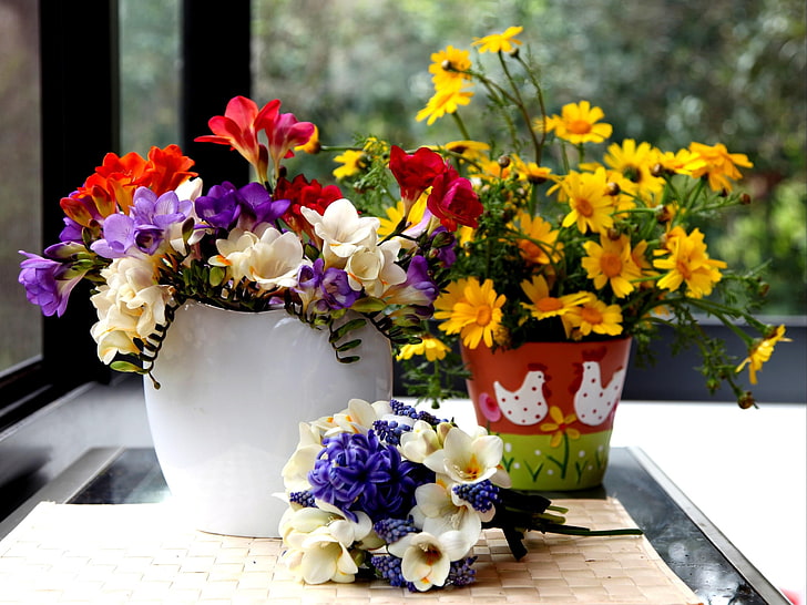 yellow tickseed flower arrangement and assorted-color freesia flower arrangement, muscari, hyacinths, bouquet, daisies, crocuses, pot, vase, table, HD wallpaper