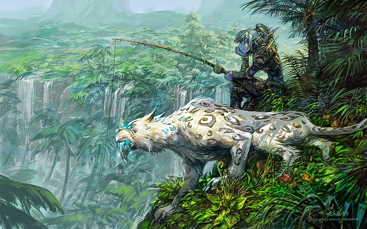 Blonder Junge mit grauer Katze Fantasy World Zeichen Illustration, Angeln, World of Warcraft, Videospiele, HD-Hintergrundbild