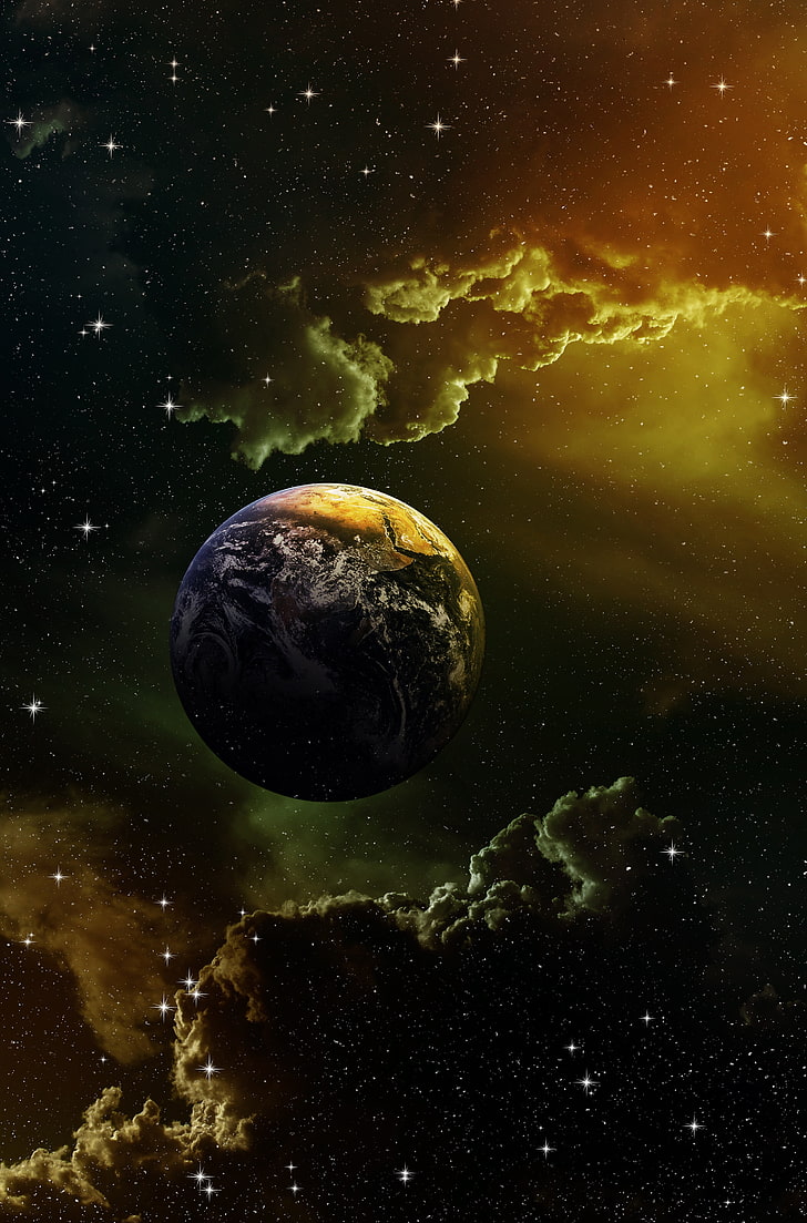 grauer und orange Planet, Planet, Sterne, Galaxie, Raum, HD-Hintergrundbild, Handy-Hintergrundbild