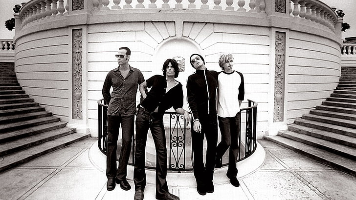 four-man band grayscale photo, stone temple pilots, band, glasses, stairs, members, HD wallpaper