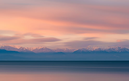 mountains with ice caps, Story of Light, mountains, ice caps, landscape, sunrise, water, long exposure, nature, clouds, smooth, Pacific Northwest, Washington, Deception Pass, Canon EOS 5D Mark III, Canon EF, 6L, USM, B+W, ND, 1000x, mountain, lake, sky, scenics, sunset, snow, mountain Range, outdoors, HD wallpaper HD wallpaper