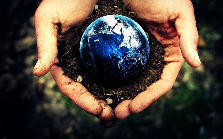 illustration of hand holding planet Earth, Earth, planet, hands, photo manipulation, dirt, HD wallpaper