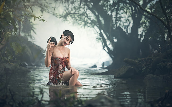 Girl Bathing Outdoor, women's orange sash, Asia, Thailand, Travel, Smile, Girl, Green, Happy, Woman, River, Water, Tropical, Young, Stream, Photography, Outdoor, Creek, Rainforest, Country, Bath, Vacation, Countryside, visit, tourism, HD wallpaper