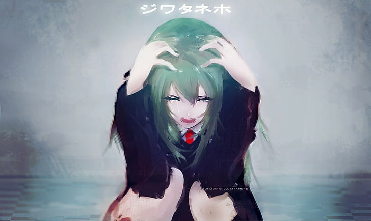 Аой Огата, аниме девушки, зеленые волосы, плач, HD обои