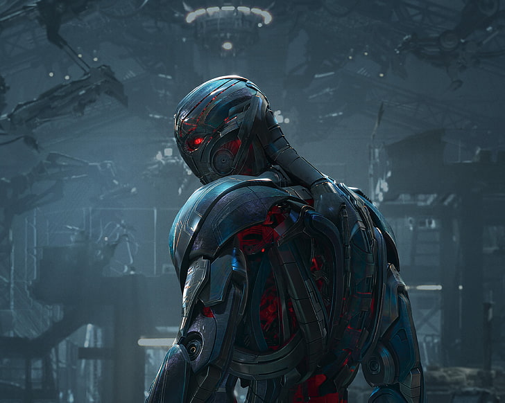 illustration of gray robot, Action, Metal, Red, Fantasy, Heroes, Robot, Body, the, Black, Steel, and, Wallpaper, Super, Year, MARVEL, Walt Disney Pictures, Avengers, Movie, Film, Adventure, Sci-Fi, Enemy, 2015, Iron, Angry, Age, Ultron, Avengers Age of Ultron, Avengers 2, James Spader, HD wallpaper