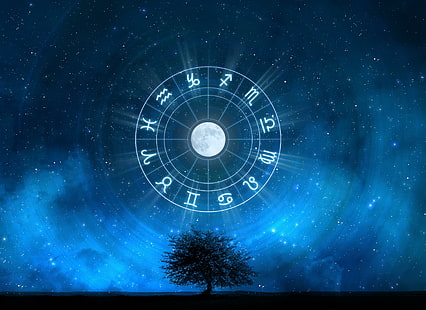Signs of the Zodiac in the starry sky, tree, night, nature, circle, sings, zodiac, HD wallpaper HD wallpaper