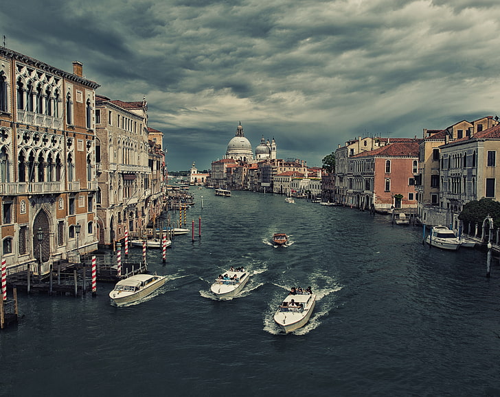 The Grand Canal from Ponte dell Accademia, white speedboat, Europe, Italy, Boats, Church, Buildings, Water, Architecture, Storm, Photography, Venice, Arch, Outdoors, transportation, Grand Canal, Salute, Santa Maria della Salute, HD wallpaper