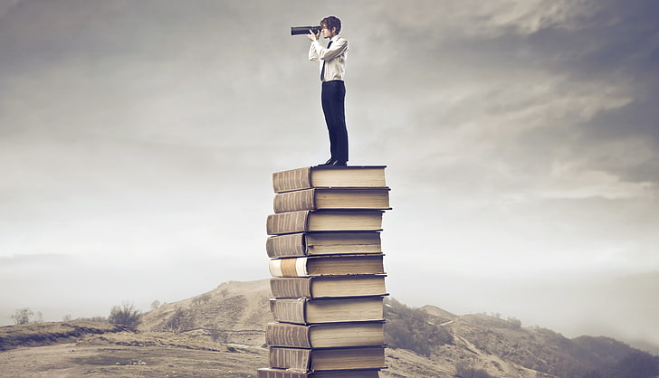 man standing stack book, books, the area, guy, spyglass, HD wallpaper