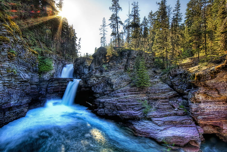 running water between rock formation near green forest photo, Canyon, Oasis, running water, rock formation, green forest, photo, glacier, montana, waterfall, national park, water, nature, rocks, trees, splash, sun, forest, USA, travel, dream, flow, magic, pour, brook  stream, cold, fresh  breeze, HDR, Photographer, Pro, Nikon, Photography, Bright, lighting, Light, reflections, tones, Mood, WallPaper, cool, magical, texture, Perfect, surreal, exposure, painting, landscape, D2X, natural, scenic, wild, world, national, d2xs, river, stream, scenics, rock - Object, tree, beauty In Nature, outdoors, HD wallpaper