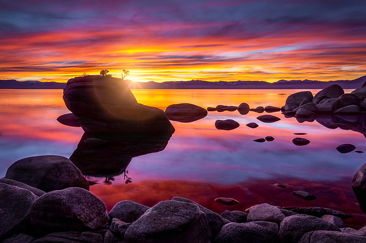 puesta de sol, roca, lago, piedras, Lake Tahoe, Bonsai Rock, Fondo de pantalla HD