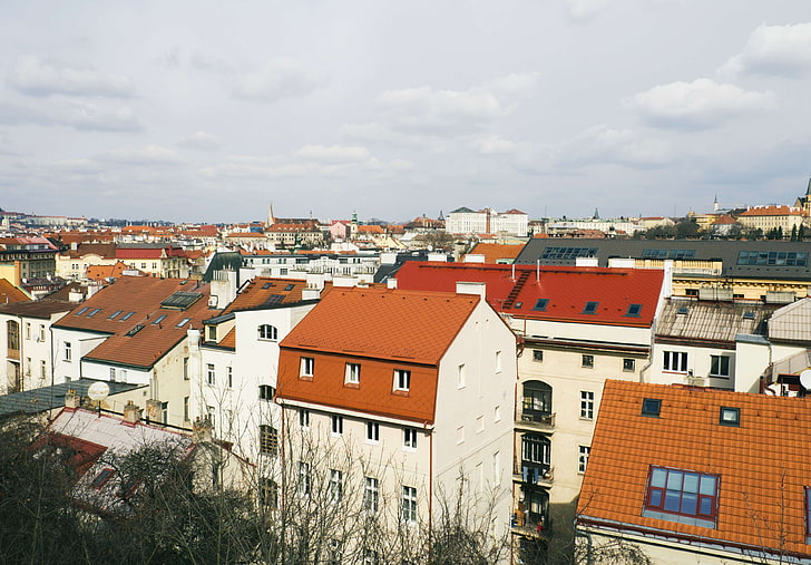 city, colorful houses, houses, orange, prague, roof, view, HD wallpaper