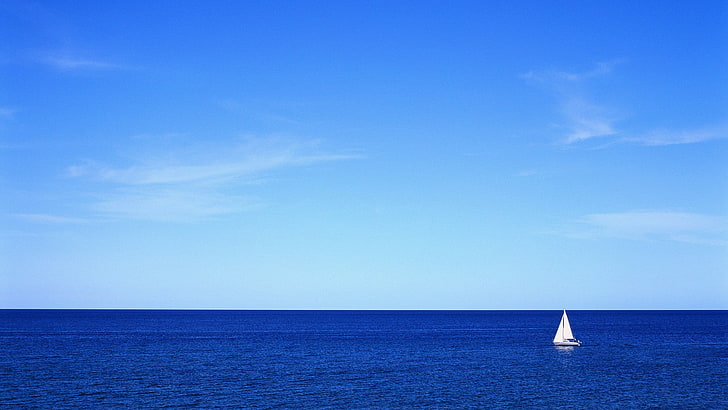белый парусник, море, лодка, горизонт, небо, HD обои