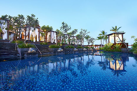 Beautiful Pool with Cabanas, polynesia, ocean, cabana, blue, luxury, pool, island, hotel, tropical, resort, water, paradise, ligh, HD wallpaper HD wallpaper