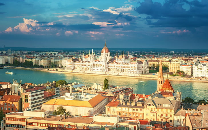 architecture, Budapest, building, Capital, church, city, Cityscape, clouds, donau, Gothic Architecture, Hungarian Parliament Building, Hungary, Old Building, river, Rooftops, ship, HD wallpaper
