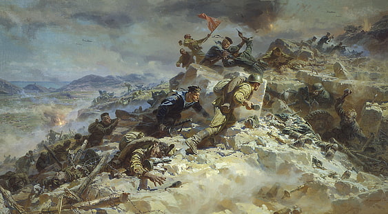 ejército de soldados en el campo de batalla pintura, guerra, humo, batalla, ruinas, la gran guerra patriótica, Fondo de pantalla HD HD wallpaper