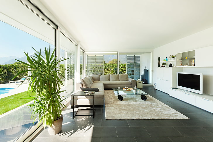 white flat screen television, interior, living room, stylish design, Modern villa, HD wallpaper