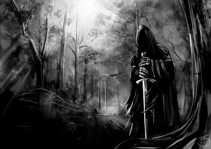 papel tapiz digital en escala de grises, maldad, espada, oscuro, Nazgûl, obra de arte, arte de fantasía, El señor de los anillos, Fondo de pantalla HD