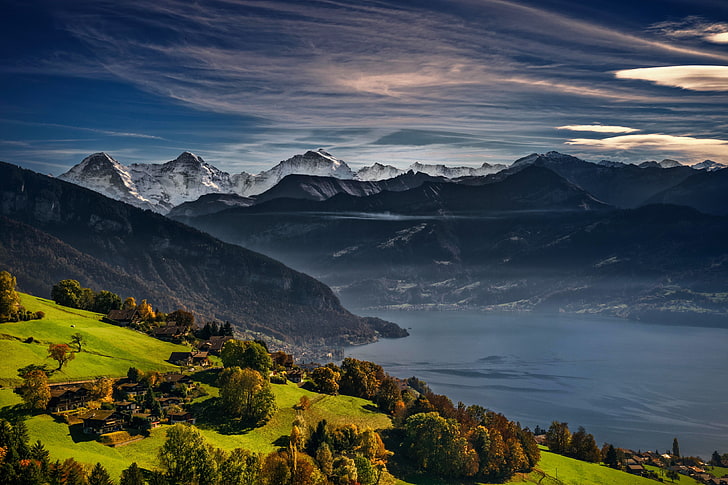 green leafed trees, autumn, mountains, lake, Switzerland, Alps, Swiss Alps, Lake Thun, Bernese Oberland, Thunersee, HD wallpaper