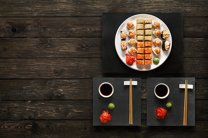 bâtons, sauce, sushi, petits pains, gingembre, set, wasabi, cuisine japonaise, Fond d'écran HD