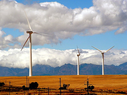 белые ветряные мельницы под небом в дневное время, белые, ветряные мельницы, небо, дневное время, энергия, энергия ветра, Клифойвель, Южная Африка, устойчивая энергия, возобновляемая энергия, устойчивое развитие, турбина, окружающая среда, топливо и производство электроэнергии, электричество, ветротурбина, ветерэнергия, генератор, технология, мощность, природа, токарная обработка, промышленность, охрана окружающей среды, альтернативная энергетика, утилизация, пропеллер, источник питания, энергия ветра, спиннинг., HD обои HD wallpaper