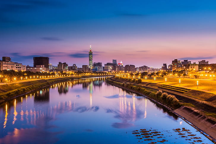 China, Taiwan, Taipeh, China, Taiwan, Taipeh, Stadt, Fluss, Abend, blau, rosa, Himmel, Lichter, Reflexion, HD-Hintergrundbild