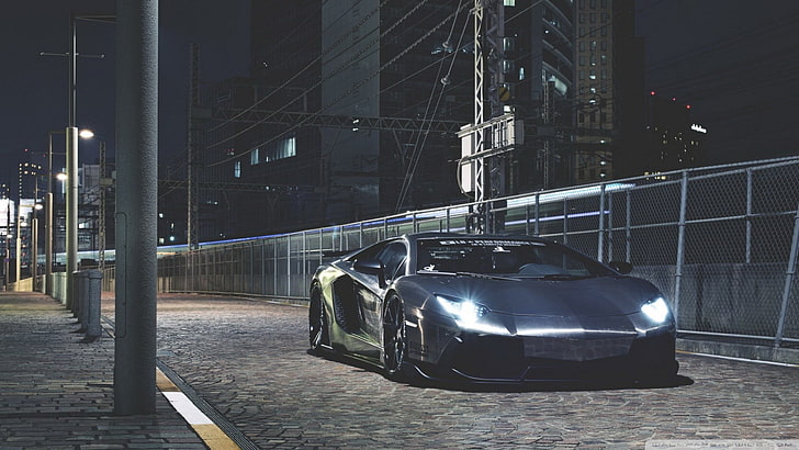 coupé sport noir, Lamborghini, Lamborghini Aventador, nuit, ville, lumières, gris, route, Fond d'écran HD