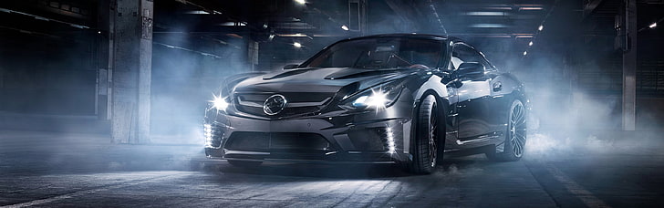 czarny samochód, Mercedes-Benz SL65 AMG Black Series, samochód, Carlsson, tuning, ulica, noc, mgła, wiele wyświetlaczy, dwa monitory, Tapety HD