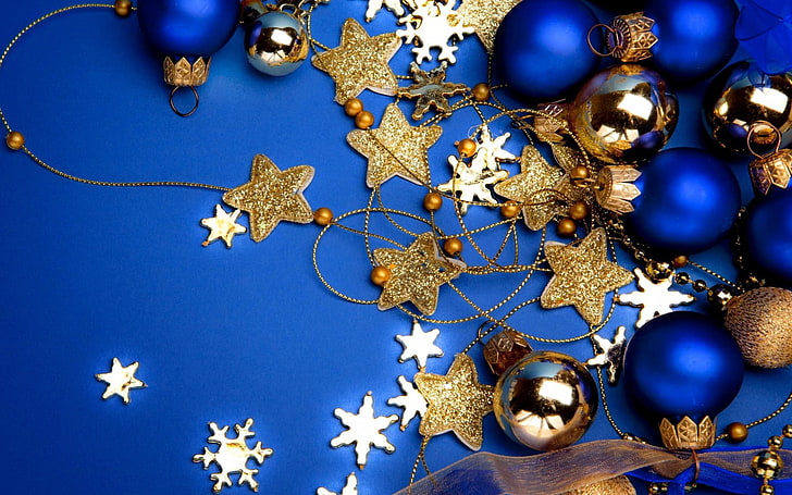 dekorasi natal bintang-Liburan Hd Wallpaper, banyak perhiasan biru dan berwarna emas, Wallpaper HD