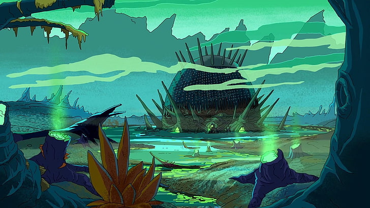 illustration de marais brun et vert, Rick et Morty, Fond d'écran HD