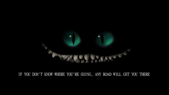 Gato de Cheshire, gato de Cheshire, olhos, escuro, tipografia, HD papel de parede HD wallpaper