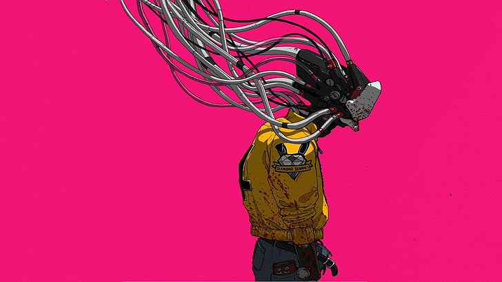 illustration of robot, simple background, artwork, Wouter Gort, cyberpunk, cyber, androids, robot, concept art, pink background, yellow jacket, blood, wires, HD wallpaper