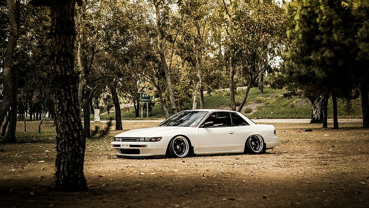 cars, forest, jdm, nissan, s13, silvia, stance, tuned, tuning, white, HD wallpaper