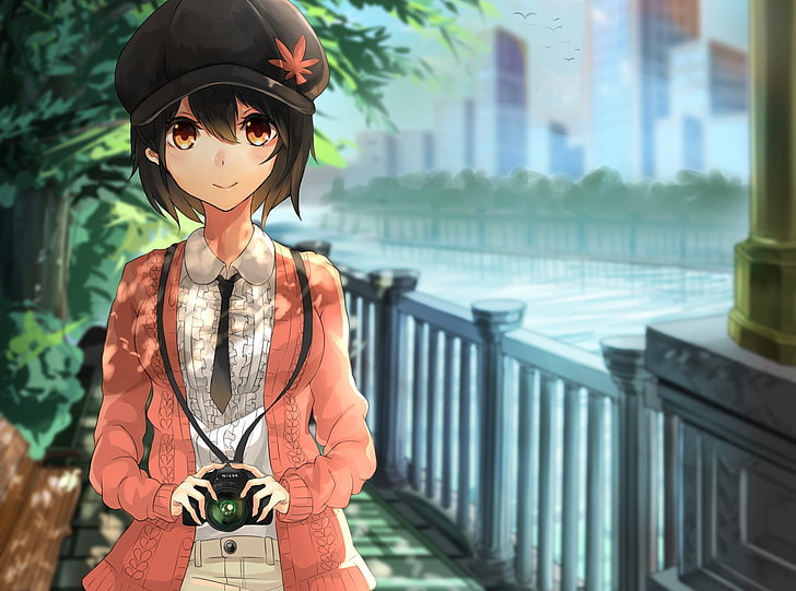 короткошерстная женщина аниме персонаж держит камеру обои, акира, туху, шамеймару ая, девушка, камера, улица, HD обои