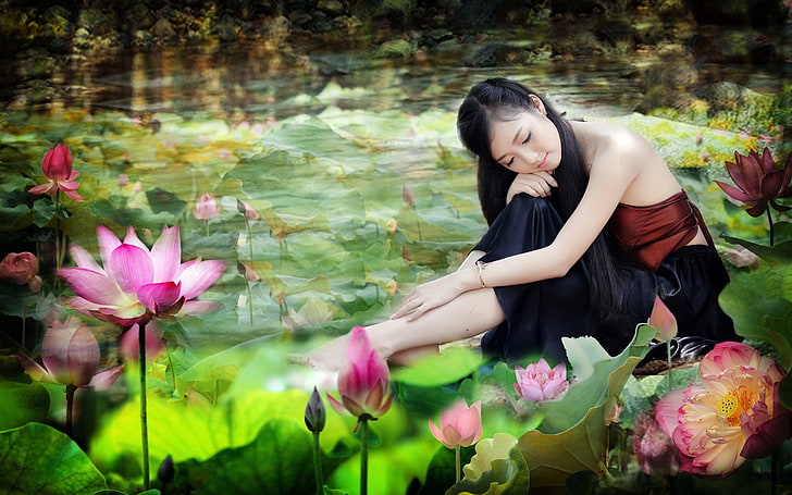Women, Asian, Flower, Girl, Lotus, Pond, Vietnamese, Woman, HD wallpaper |  Wallpaperbetter