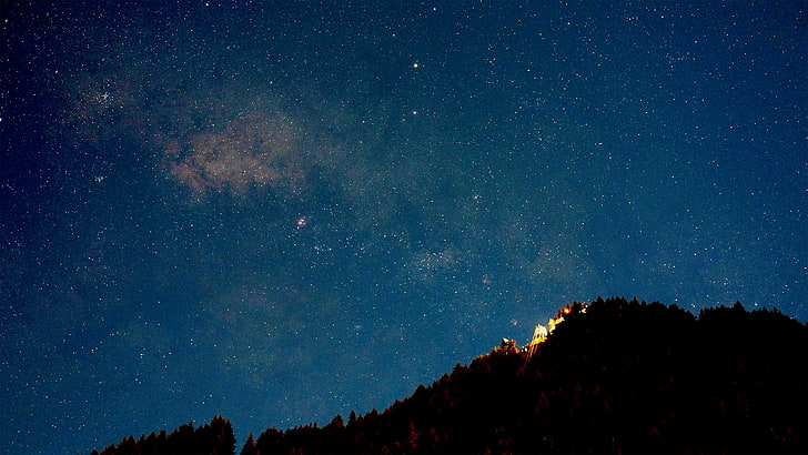 Grüner Baum, Sterne, Nacht, Berge, Bäume, Milchstraße, HD-Hintergrundbild