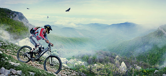 Bisiklet, adam, bisiklet, adam, kask, kuşlar, dağlar, HD masaüstü duvar kağıdı HD wallpaper