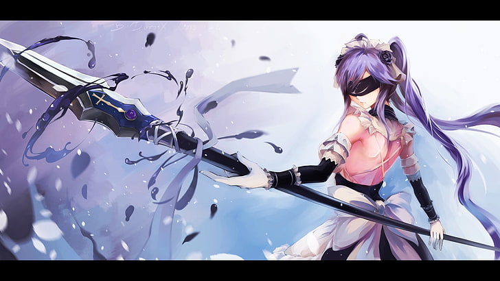Anime, chicas anime, con los ojos vendados, lanza, arma, cabello morado,  Fondo de pantalla HD | Wallpaperbetter